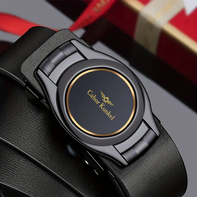 Ceinture homme en cuir avec boucle automatique ronde noire et bleue – Élégance moderne et confort