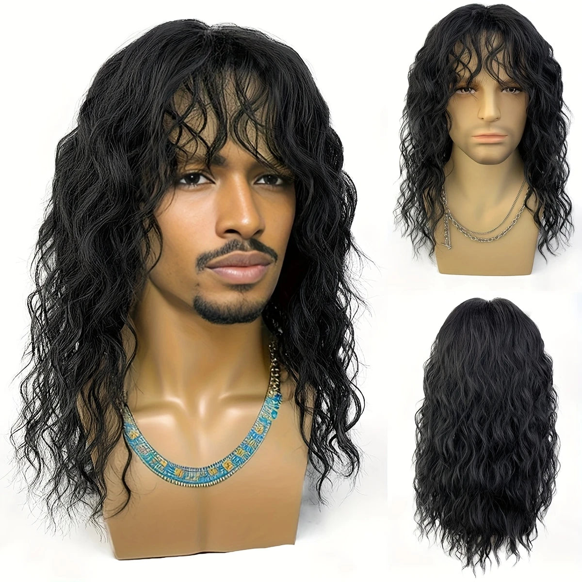 Perruque Homme Longue Ondulée avec Frange – Cheveux Synthétiques Naturels pour Déguisement ou Look Rock