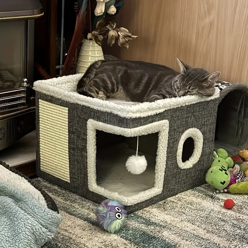Cube Lit pour Chat avec Griffoir et Jouet Suspendu – Maison 2 Niveaux Confort et Jeu