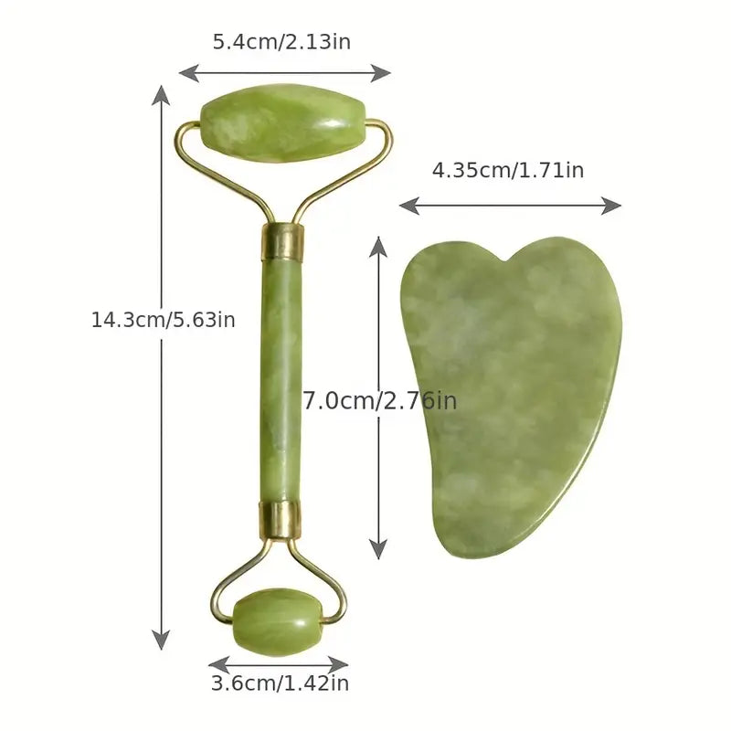 Kit Roller Visage et Gua Sha en Pierre de Jade – Massage Liftant, Drainage Lymphatique et Éclat Naturel