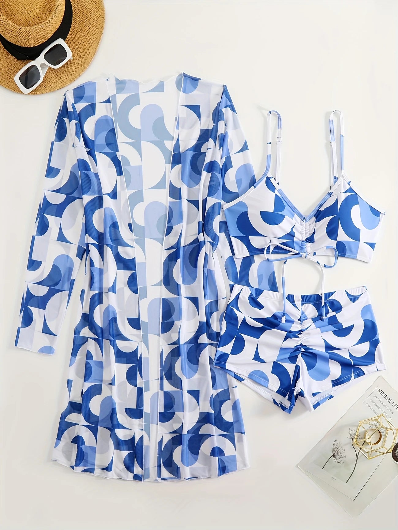 Ensemble de plage 3 pièces femme – Short taille haute, top à nouer et kimono imprimé bleu