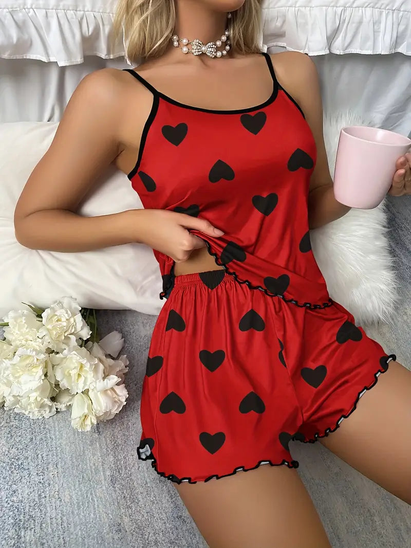 Pyjama Femme Été Débardeur & Short – Ensemble Léger Imprimé Cœurs, Lingerie de Nuit Douce & Féminine