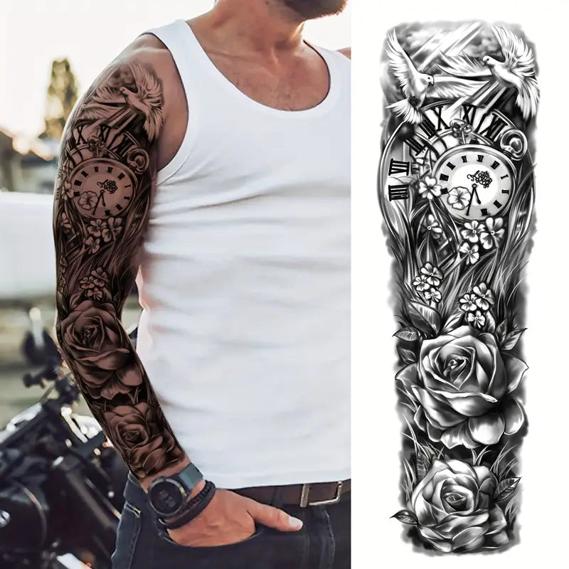 Tatouages Temporaires Bras Complet – Lot de 10 Manches Tattoo Réalistes Noirs & Gris | Effet 3D, Waterproof & Longue Durée – Style Crâne, Horloge, Aigle, Guerrier