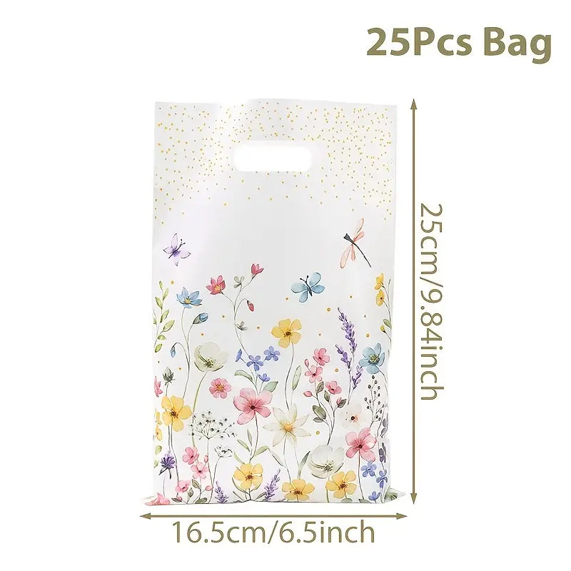 Sachets Cadeaux Fleuris avec Poignée – Lot de 10 Sacs en Plastique 25x16,5 cm pour Mariage, Anniversaire ou Fête