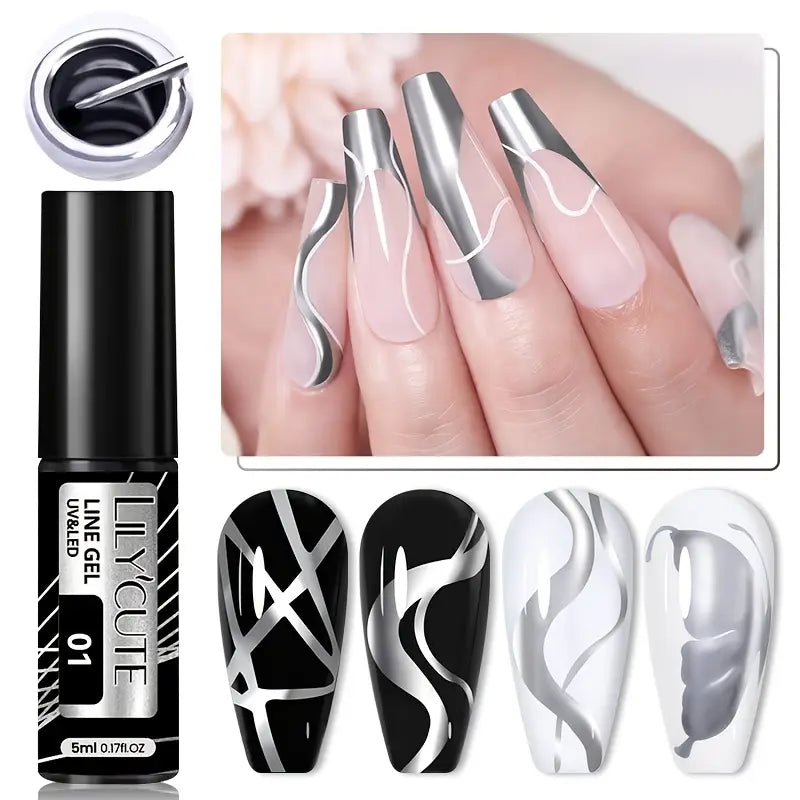 Ensemble 3 pièces Gels Liner Métalliques LILY'CUTE – Nail Art Chrome Argent, Or et Rose | Vernis à Ongles UV/LED 5ml