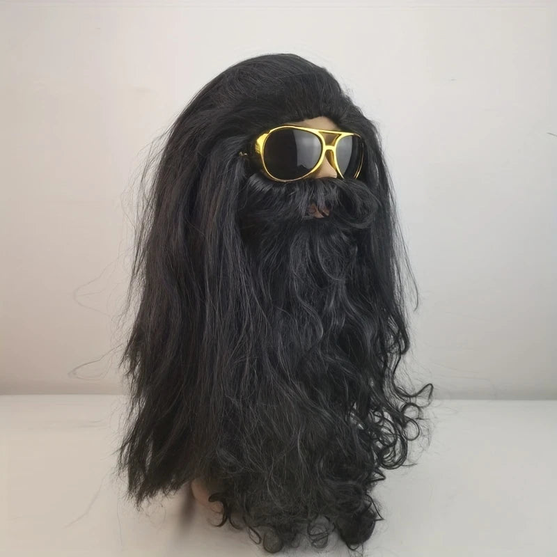 Perruque Longue Noire avec Barbe et Moustache – Déguisement Homme Viking, Rocker ou Père Noël Mystérieux