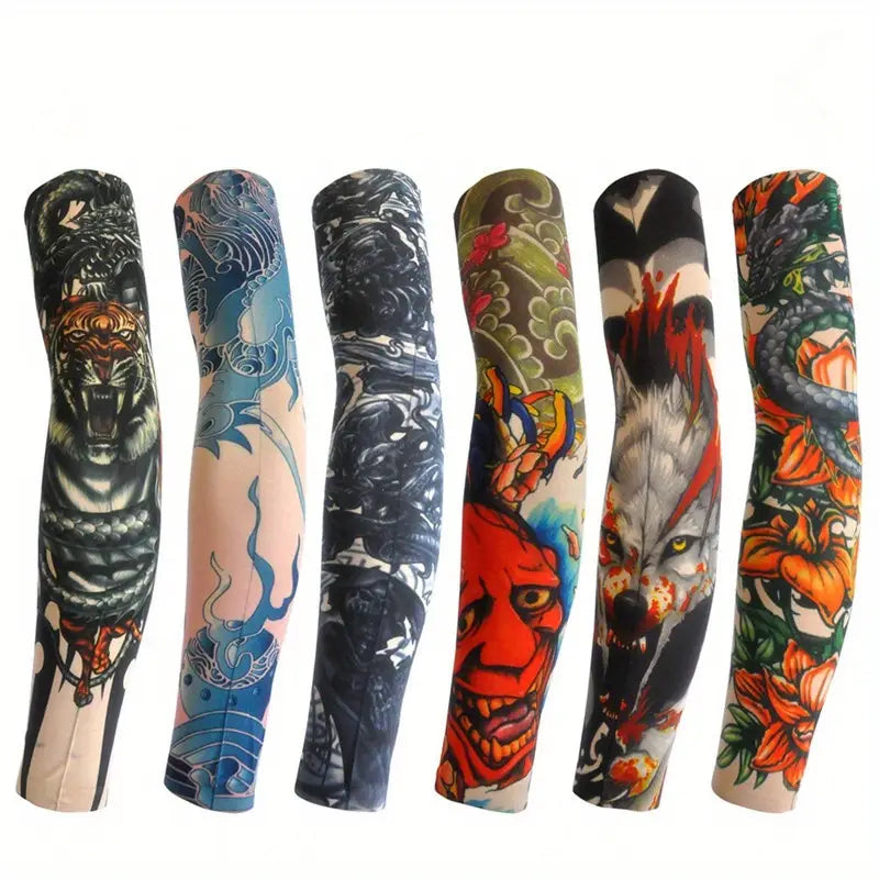 Manchons Tatouage Temporaires – Lot de 6 Manches Effet Tattoo Réaliste | Élastiques, Respirants & Réutilisables – Style Tribal, Crâne, Motifs Noirs