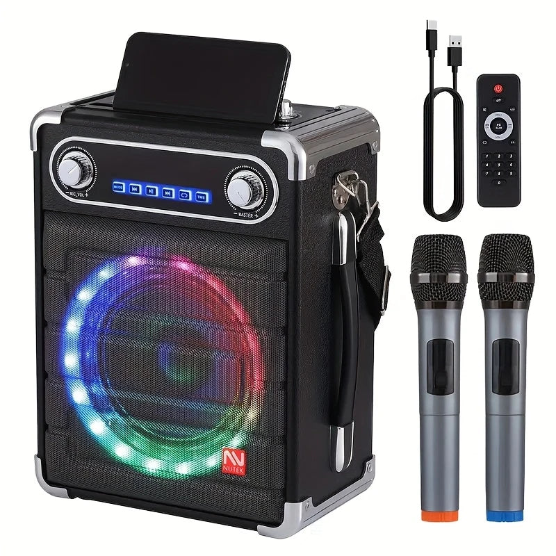 Enceinte Bluetooth Karaoké avec 2 Micros Sans Fil – Haut-Parleur LED Portable, Télécommande & Effets Sonores DJ