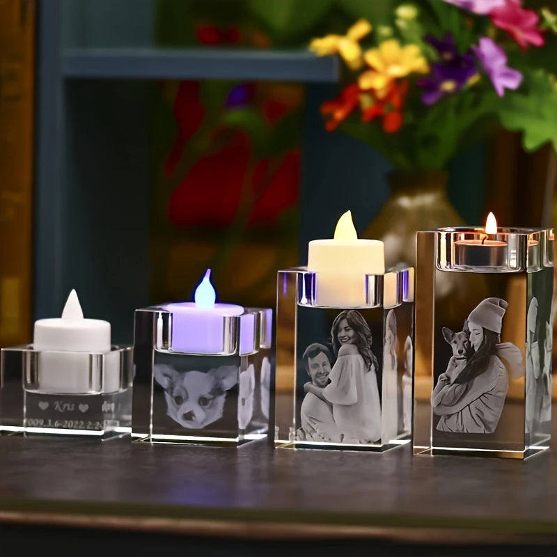Photophore en cristal personnalisé avec photo gravée 3D – Cadeau souvenir unique et émouvant