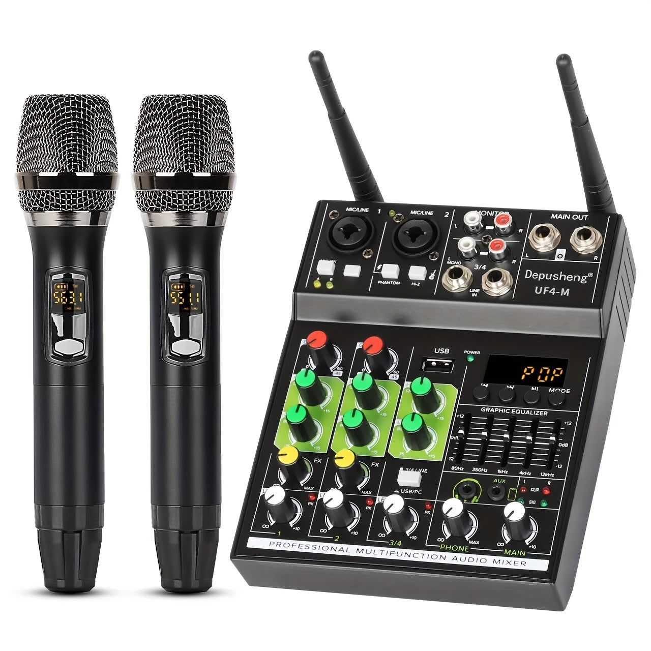 Table de Mixage DJ avec Micros Sans Fil – Kit Audio Professionnel USB, Égaliseur Intégré, Bluetooth & Effets Sonores