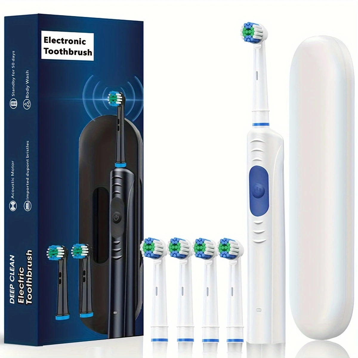Brosse à Dents Électrique Rechargeable – Nettoyage Profond avec 4 Têtes Remplaçables et Étui de Voyage