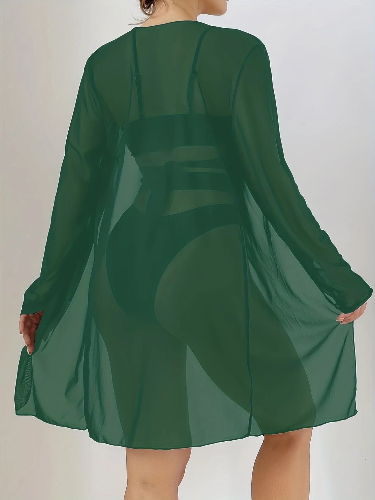 Ensemble de plage 3 pièces vert émeraude – Maillot à découpes + kimono fluide