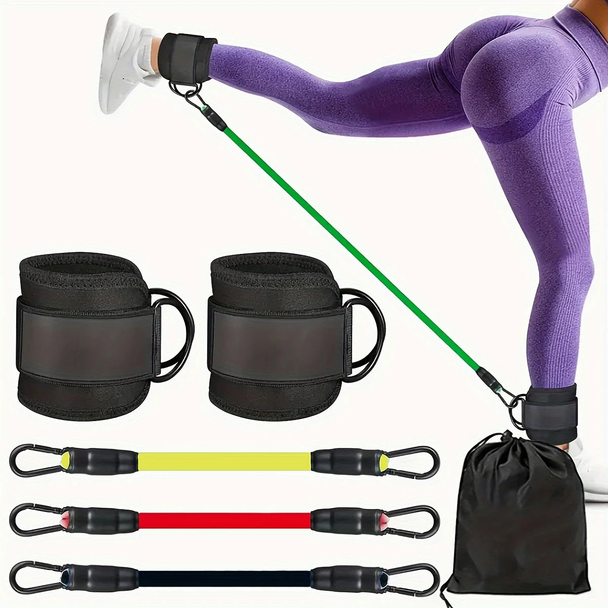 Kit Élastique de Résistance pour Jambes et Fessiers – Bandes avec Fixation Chevilles pour Entraînement à Domicile, Yoga et Fitness