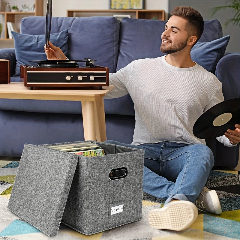Boîte de Rangement Tissu pour CD et Vinyles – Coffre Pliable avec Poignées & Étiquette