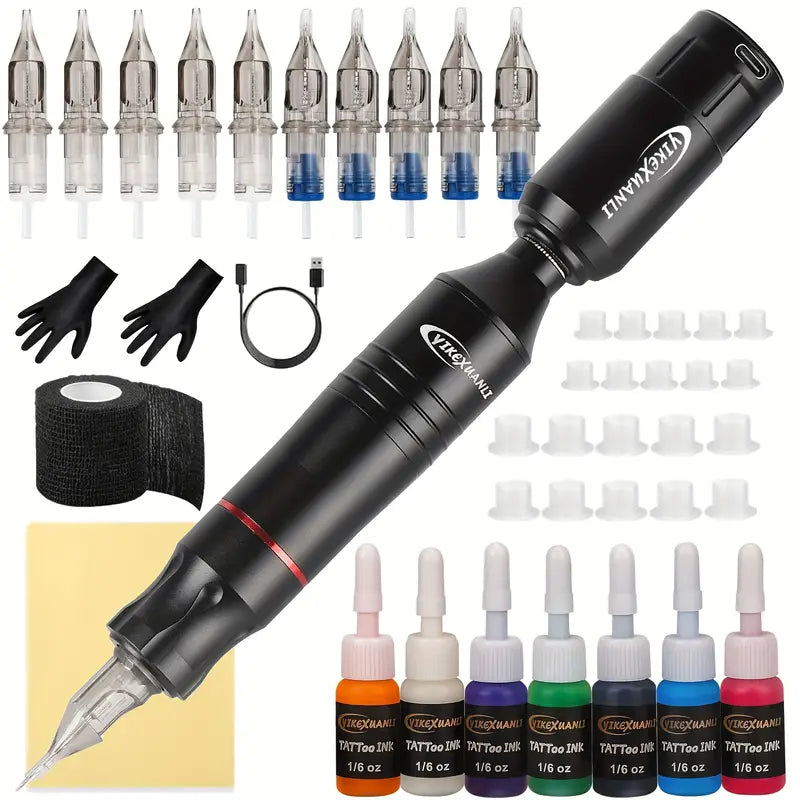Kit Machine à Tatouer Professionnel – Stylo Rotatif Sans Fil avec Aiguilles, Encres, Gants & Accessoires | Tattoo Pen Rechargeable USB – Débutants & Artistes Confirmés