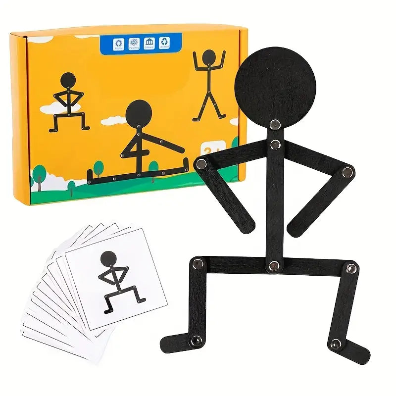Casse-Tête Articulé en Bois – Jeu Éducatif de Motricité et Logique avec Cartes de Poses