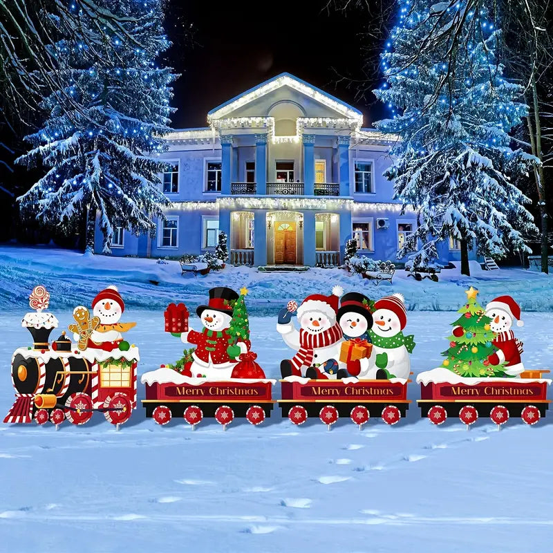 Train de Noël Décoratif pour Jardin – Piquets Lumineux Extérieurs avec Bonhommes de Neige et Sapins Festifs