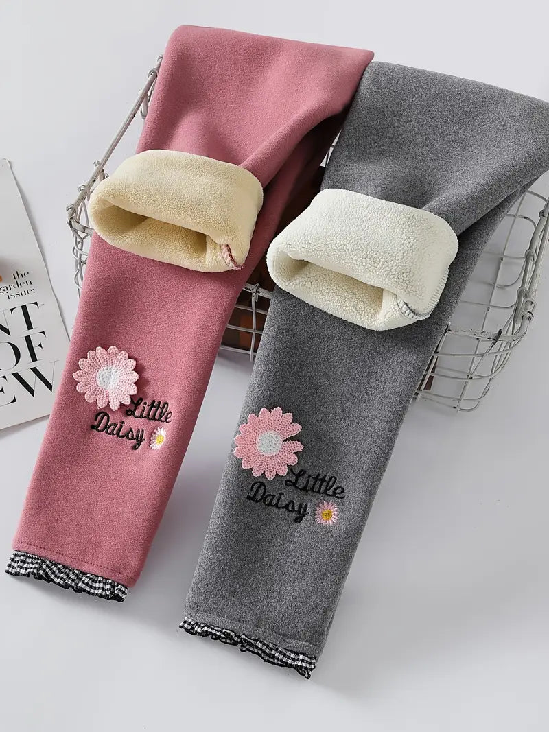 Pantalon Legging Fille Hiver – Doublé Chaud avec Motif Fleur Daisy