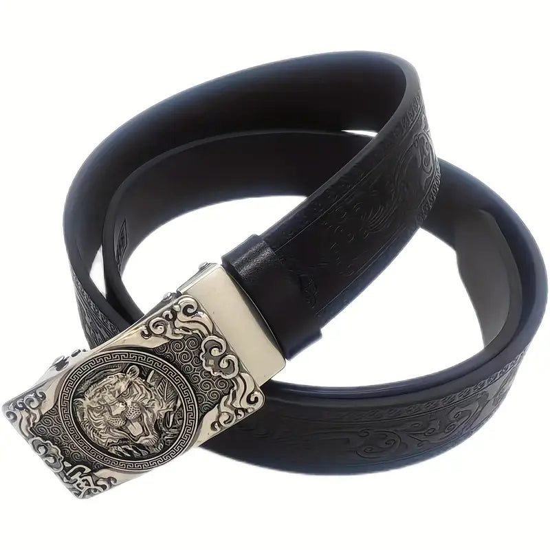 Ceinture homme en cuir noir avec boucle automatique dorée lion – Style luxe et détails gravés