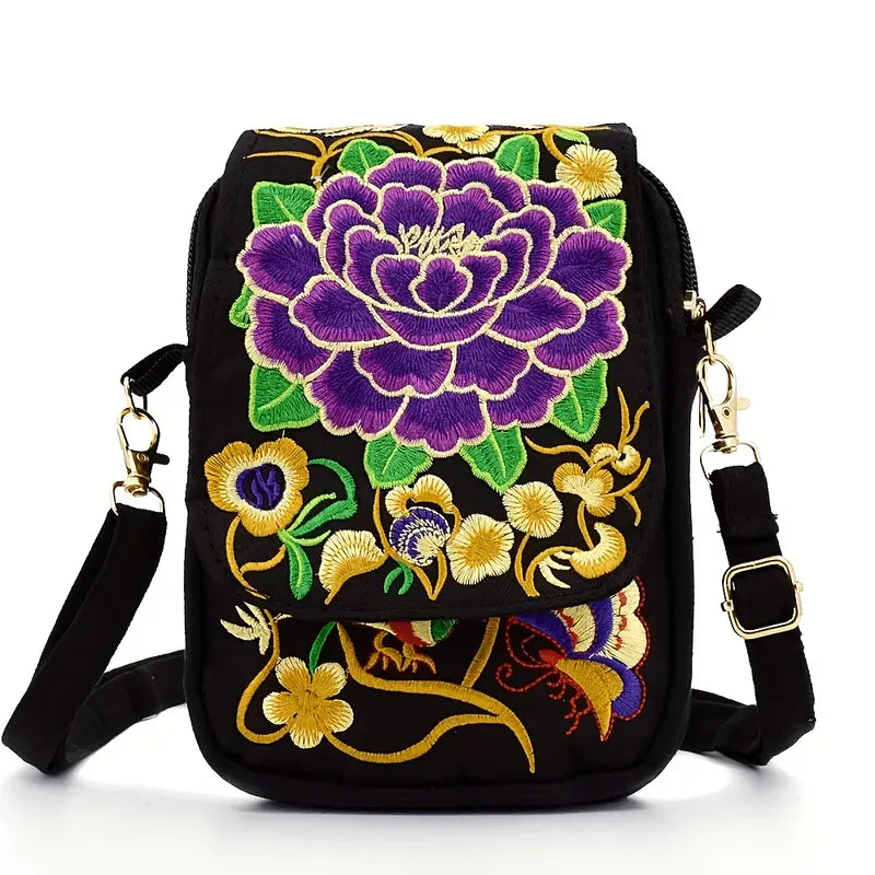 Sac bandoulière femme brodé – Petit sac à main noir bohème chic avec motifs floraux colorés