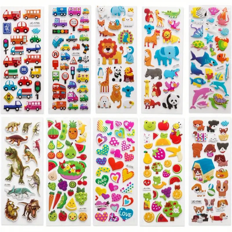 Planchettes d’Autocollants 3D Mignons – Stickers Enfants Thèmes Animaux, Fruits, Véhicules et Cœurs