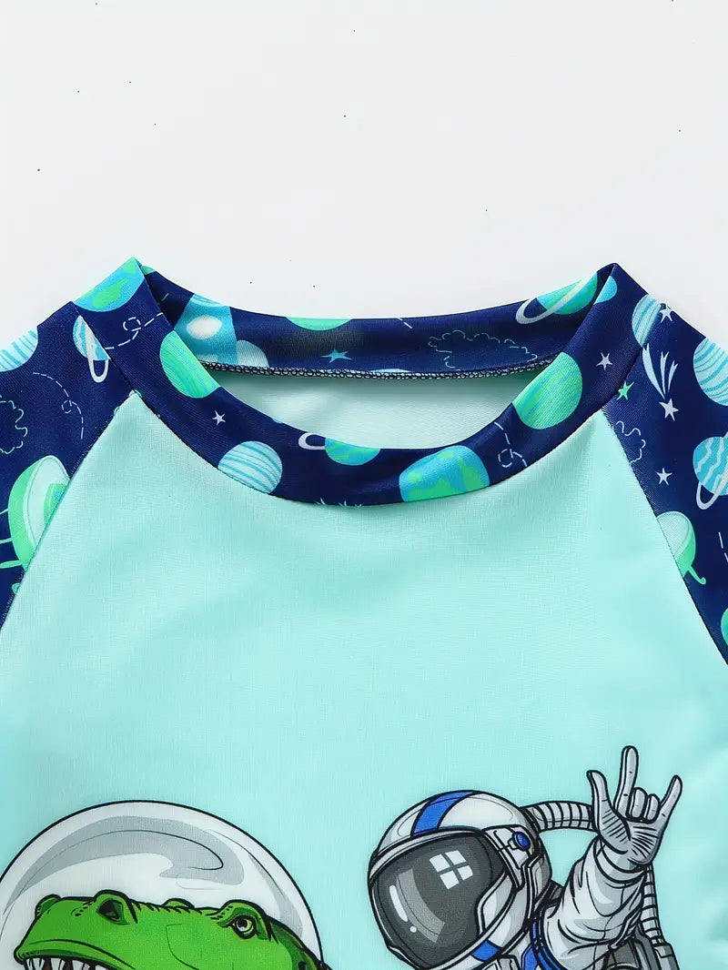 Maillot de bain garçon deux pièces anti-UV à manches longues motif espace fusée et planètes – Protection solaire plage et piscine