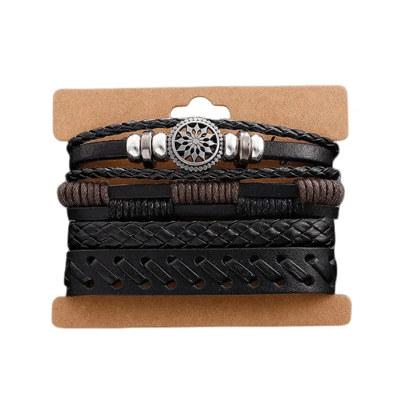 Bracelet homme cuir noir tressé multi-rangs – Bijou tendance avec perles et motif métal