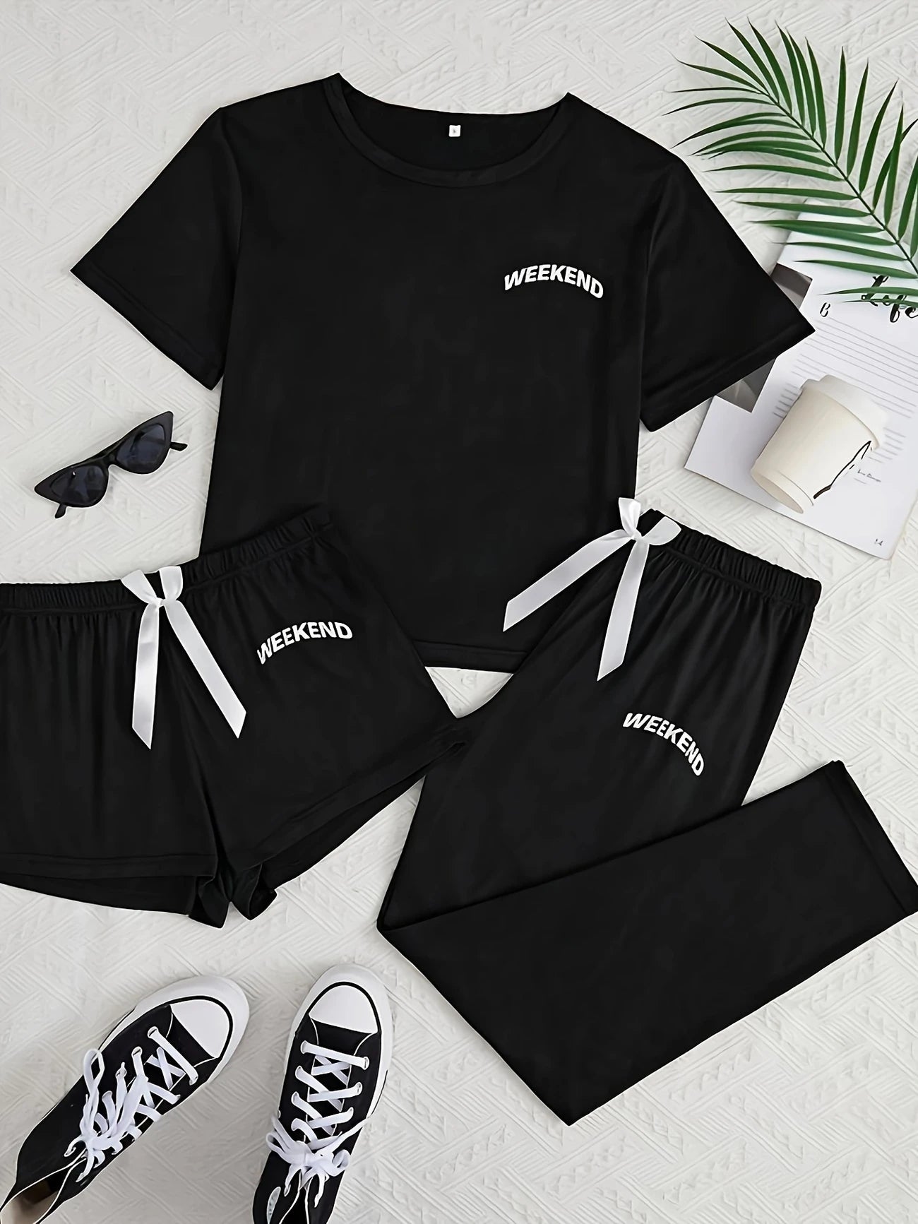 Pyjama Femme 3 Pièces Noir – T-Shirt, Short & Pantalon Long, Ensemble Polyvalent et Confortable pour la Nuit