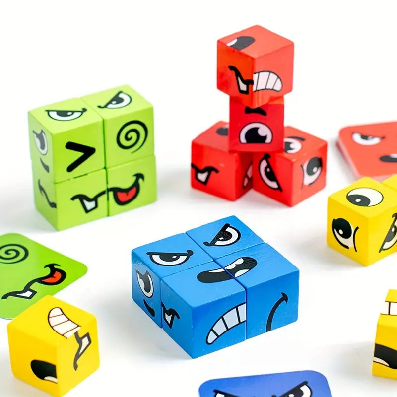 Cubes Casse-Tête Émotions – Puzzle Éducatif en Bois Coloré pour Enfants avec Visages Amusants
