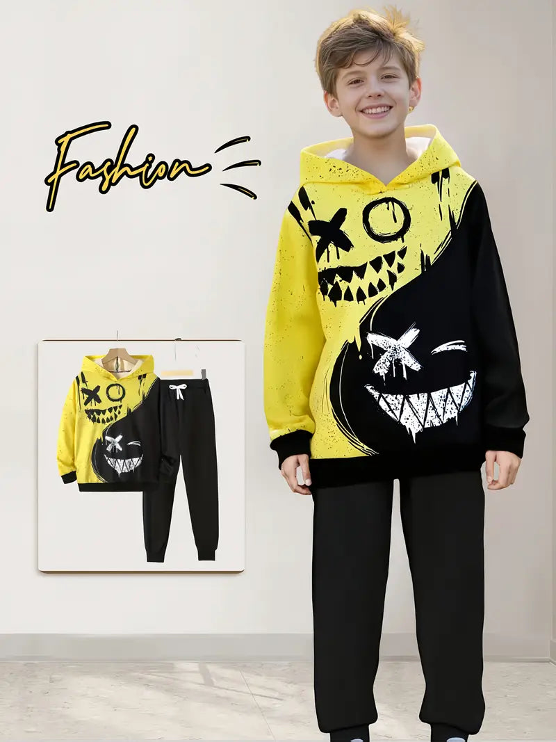 Ensemble Garçon Sweat à Capuche Imprimé Graphique + Pantalon Jogging – Tenue Décontractée Stylée