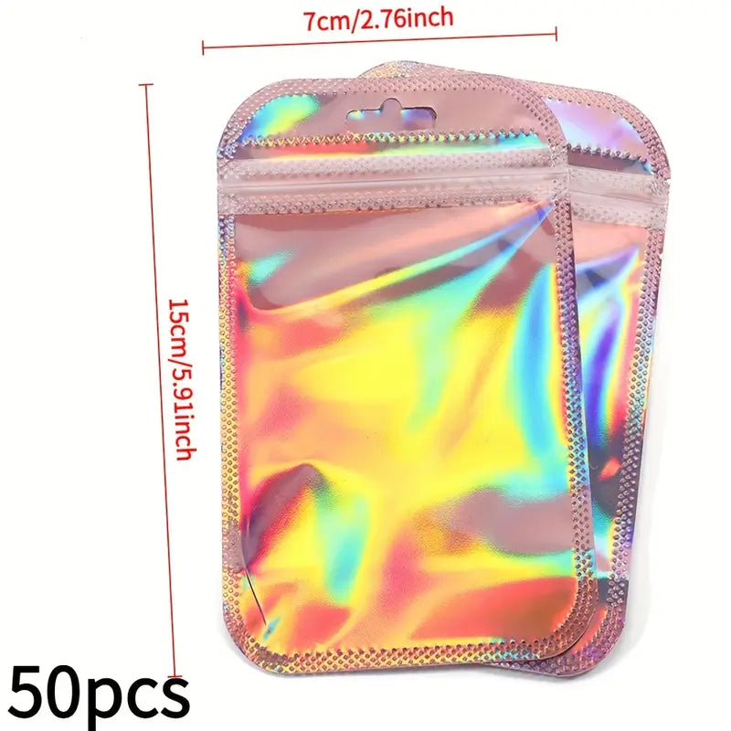 Sachets holographiques zip rose – Pochettes plastique refermables brillantes pour emballage cadeau, bijoux, bonbons ou artisanat