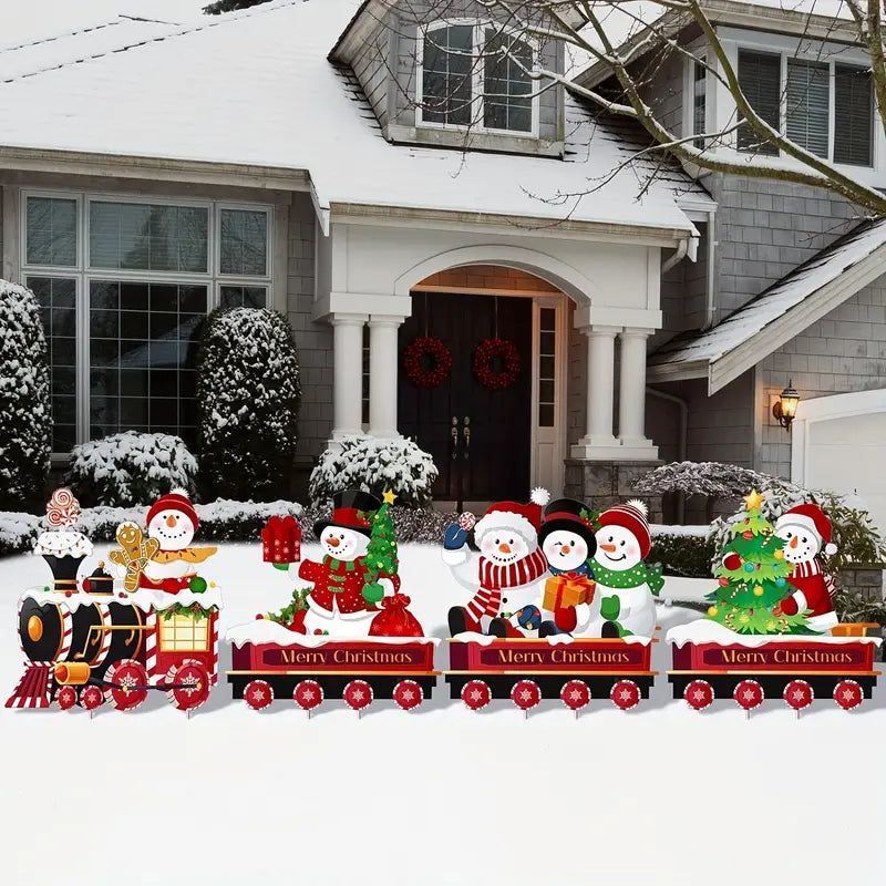 Train de Noël Décoratif pour Jardin – Piquets Lumineux Extérieurs avec Bonhommes de Neige et Sapins Festifs