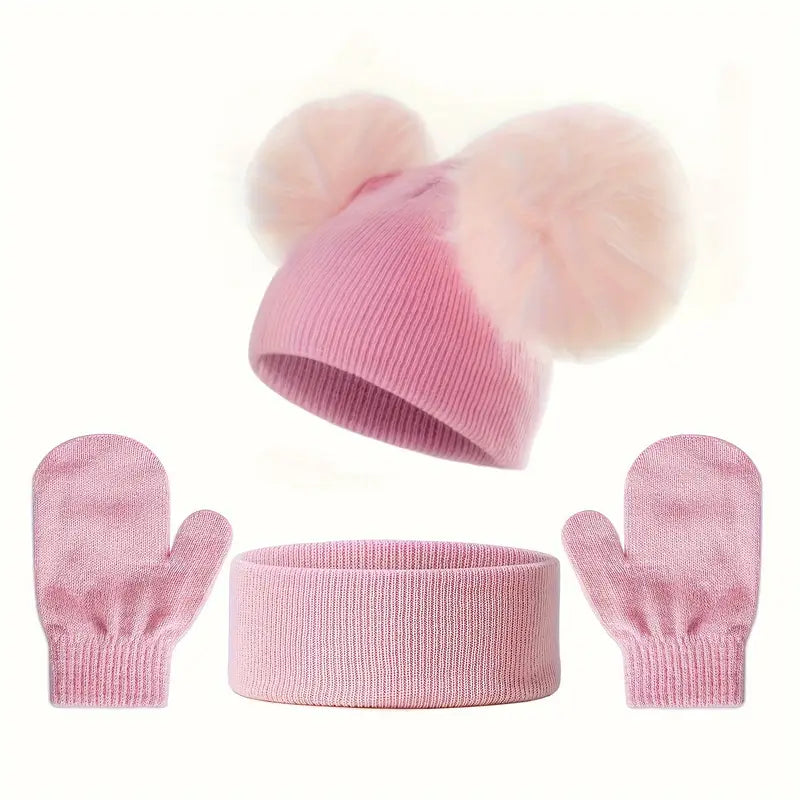 Ensemble Hiver Enfant – Bonnet Pompon Oreilles, Écharpe et Moufles Chaudes