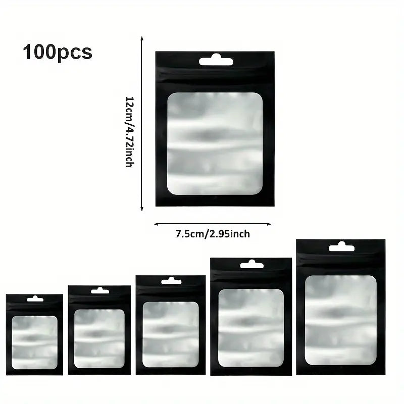 Lot de 100 Sacs Zip Transparente avec Fenêtre – Sachets Refermables Noir Mat 20x30cm pour Emballage et Expédition