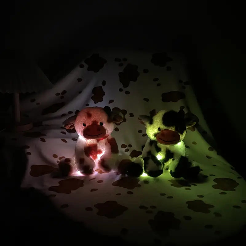 Peluche vache lumineuse noir/marron et blanc – Doudou LED doux et rigolo pour enfants