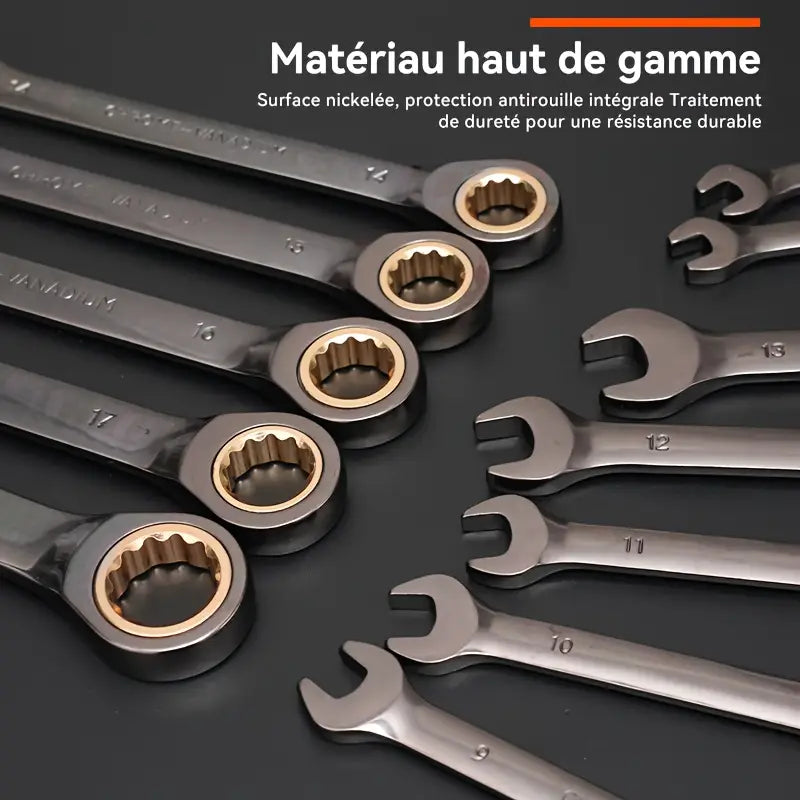 Jeu de clés à cliquet 12 pièces métriques – Outils manuels en acier CR-V avec étui
