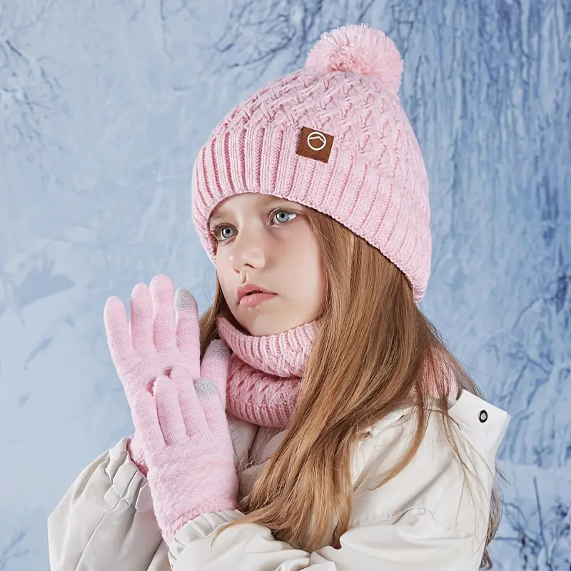 Ensemble Bonnet, Écharpe et Gants Enfant – Hiver Chaud Tricot avec Pompon