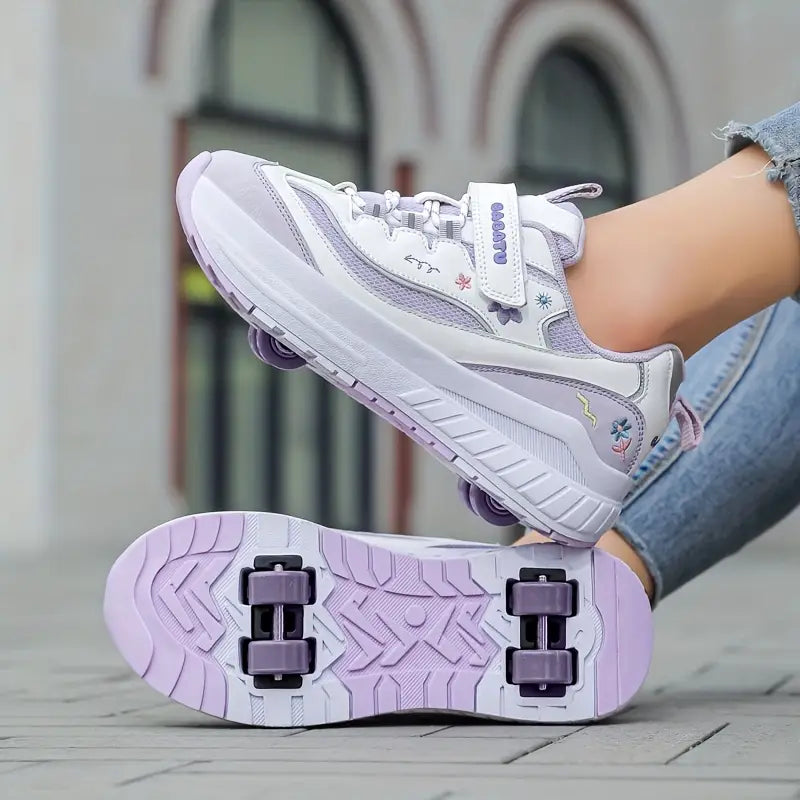 Chaussures de sport fille – Baskets à roulettes violettes et blanches avec motifs fleuris tendance