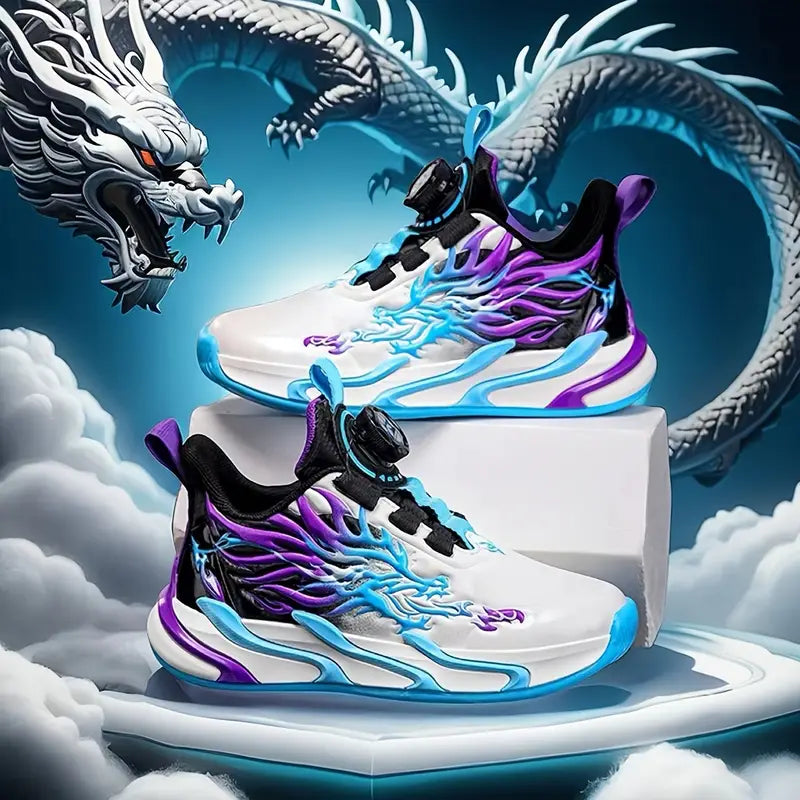 Chaussures de sport fille – Baskets noires dragon flamme bleu-violet tendance et respirantes