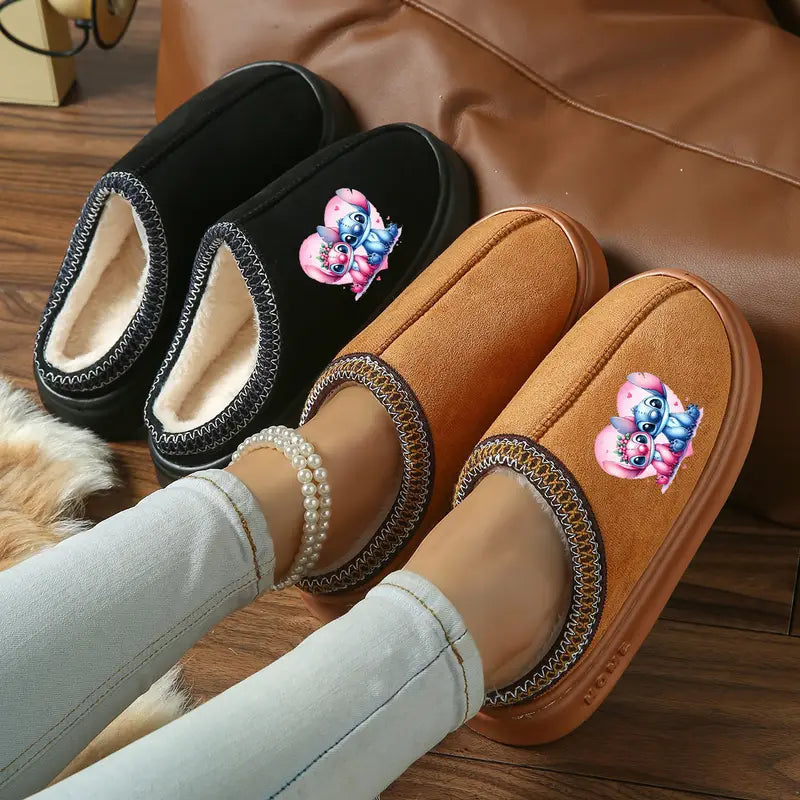 Mules fille d’hiver noires fourrées – Sabots chauds avec motif dessin animé mignon