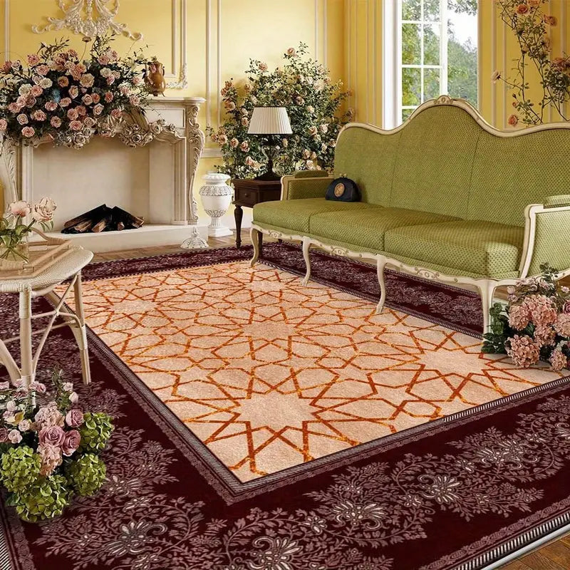 Tapis Classique Oriental Rouge et Beige – Motifs Géométriques Élégants pour Salon et Salle à Manger