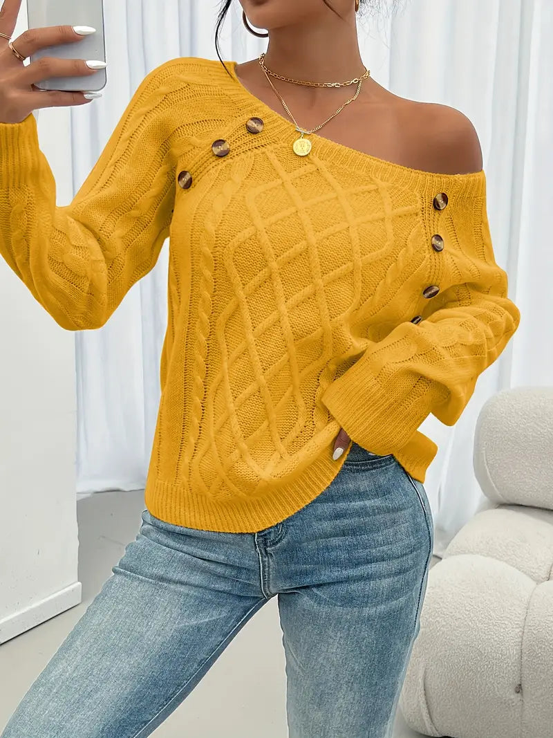 Pull Femme Hiver Maille Torsadée avec Boutons Décoratifs – Col Rond et Coupe Confortable