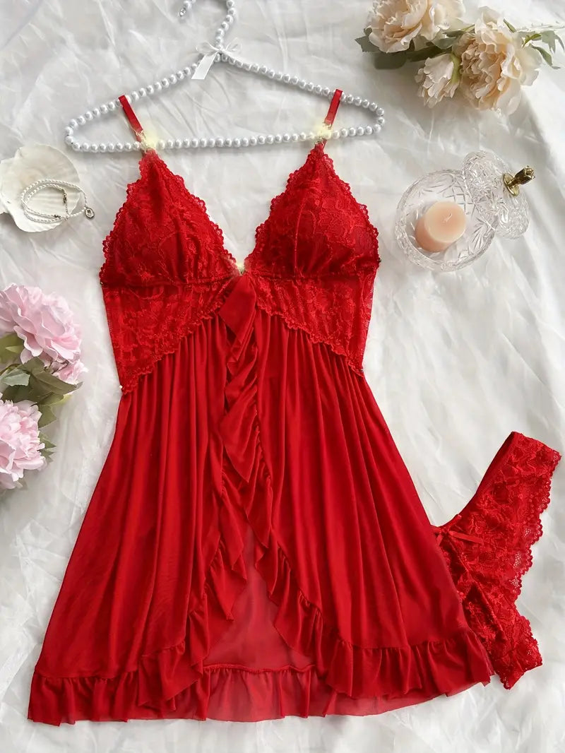Nuisette Femme Dentelle et Volants – Sous-vêtements et Pyjamas Sexy & Élégants avec String Assorti