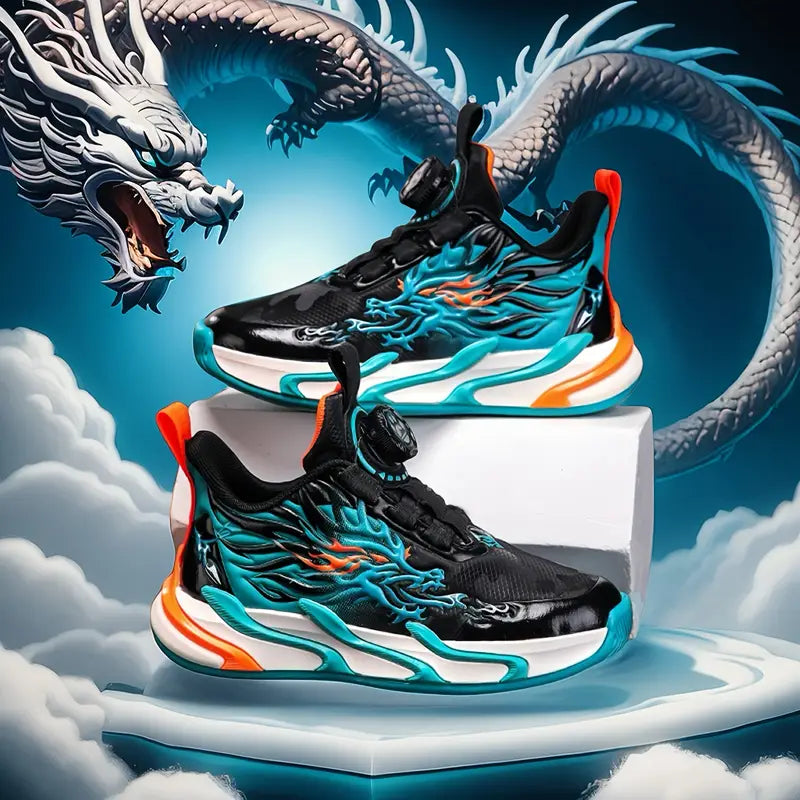 Chaussures de sport fille – Baskets noires dragon flamme bleu-violet tendance et respirantes