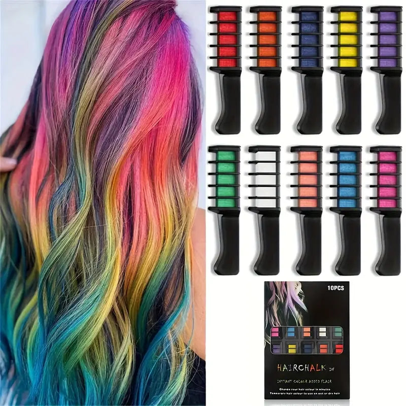 Craie Colorante Cheveux 10 Couleurs – Hair Chalk Lavable Temporaire pour Effets Arc-en-Ciel – Facile à Appliquer sur Cheveux Secs ou Humides