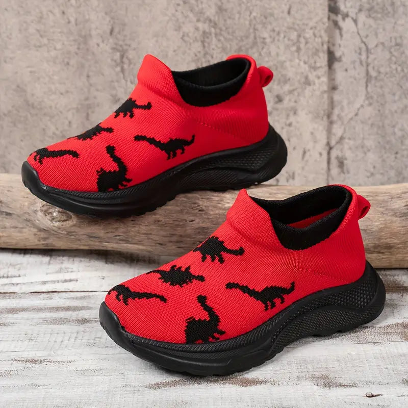 Chaussures sans lacets garçon rouges – Mocassins légers motif dinosaures noirs