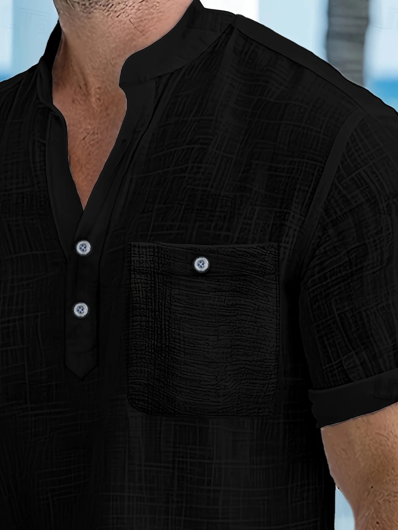 Chemise Homme Col Mao Décontractée – Manches Courtes Boutonnée, Style Estival Chic