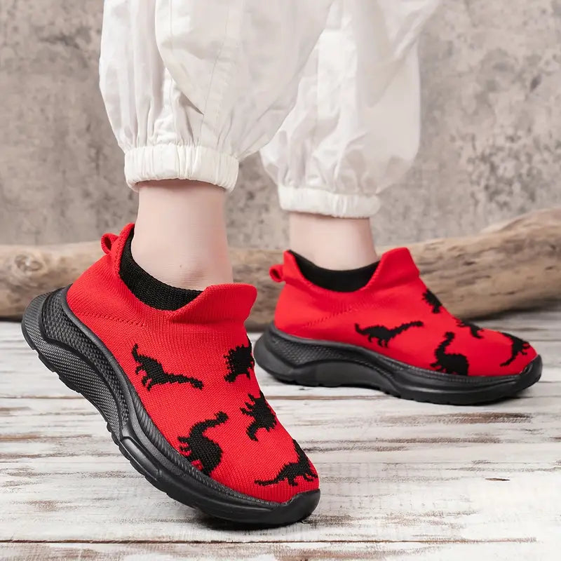 Chaussures sans lacets garçon rouges – Mocassins légers motif dinosaures noirs