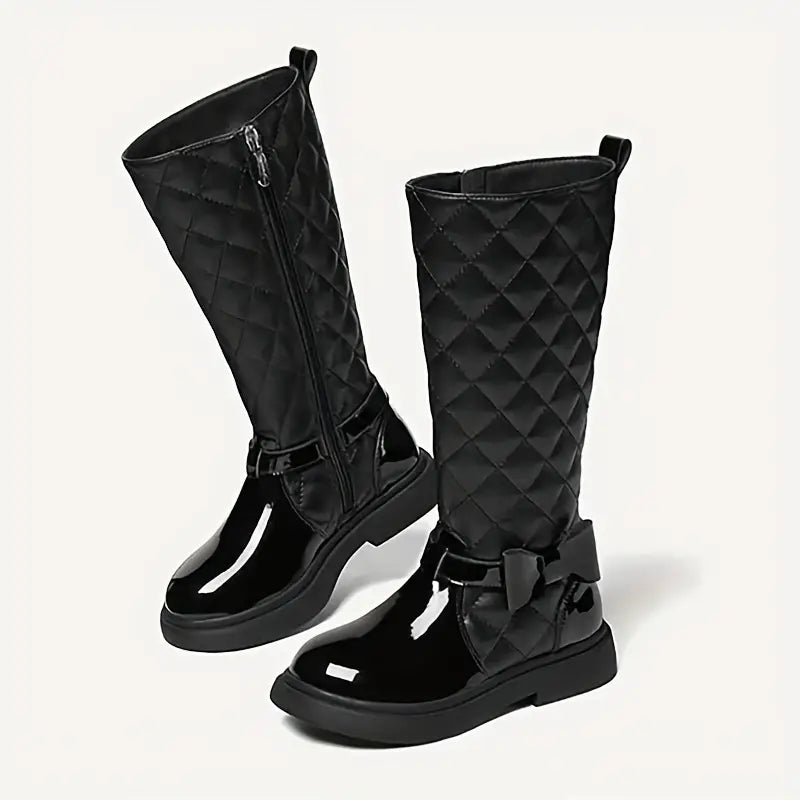 Bottes fille noires matelassées avec nœud – Chaussures élégantes et chaudes pour l’hiver