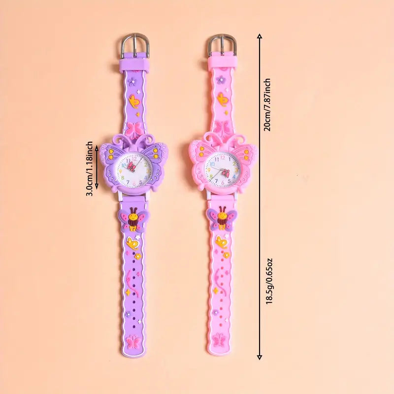 Montre Enfant Papillon Rose et Violet – Bracelet Silicone Coloré avec Motifs Fleurs et Abeilles